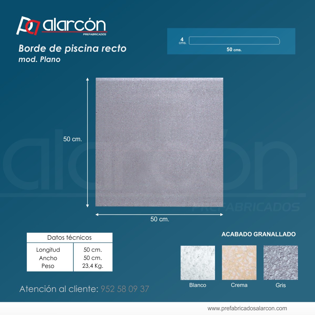 BORDE DE PISCINA RECTO 50 X 50 CM. (modelo plano)