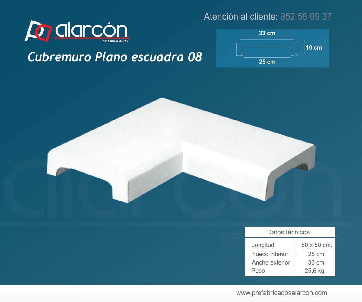 CUBREMUROS PLANO ESCUADRA 08 HUECO INTERIOR 25 CM.