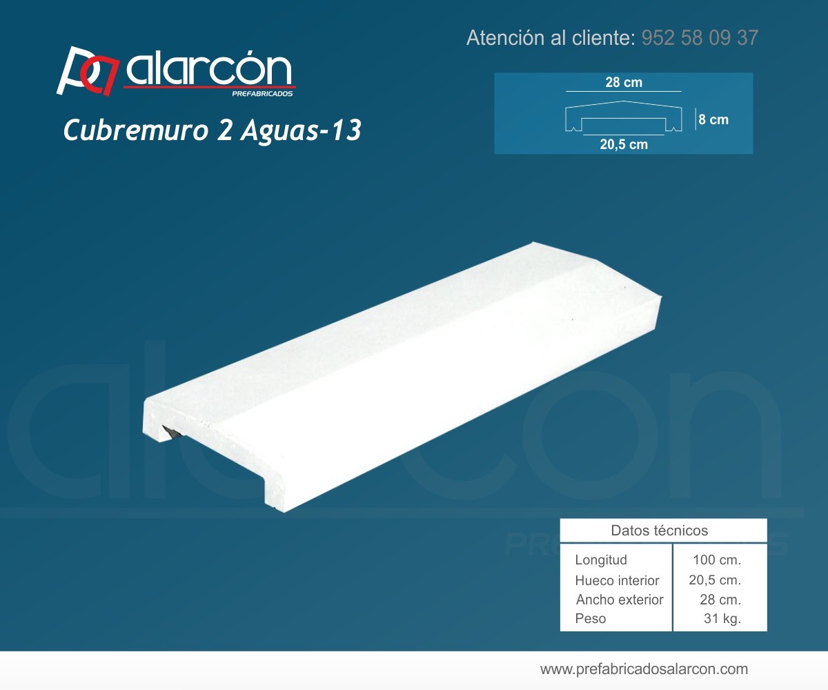 CUBREMUROS 2 AGUAS 13 HUECO INTERIOR 20,5 CM.