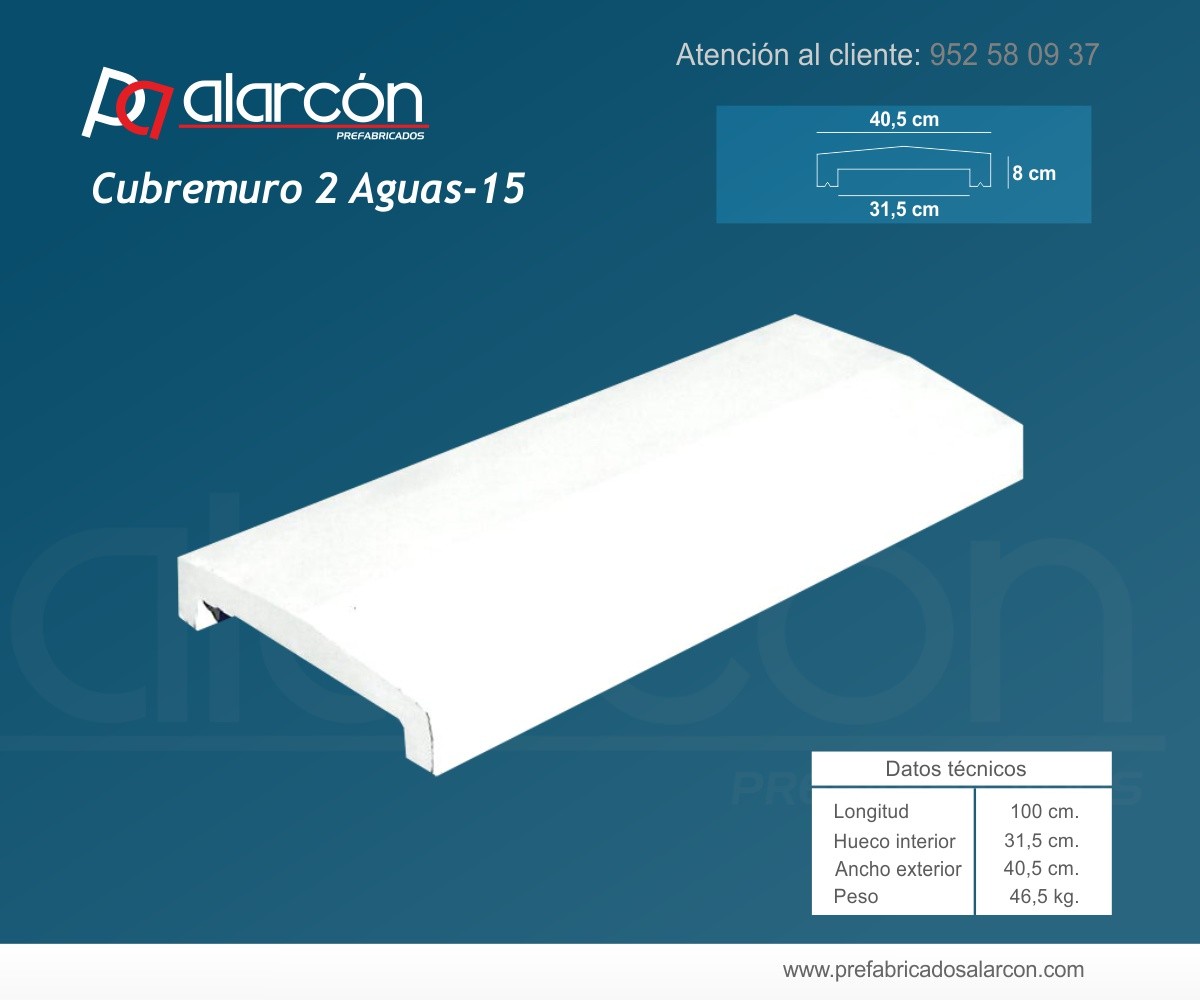 CUBREMUROS 2 AGUAS 15 HUECO INTERIOR 31,5 CM.
